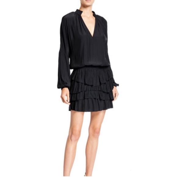 Ramy Brook Black Juno Tiered Ruffle Elastic Blouson Waist Dress size XS - Picture 1 of 13